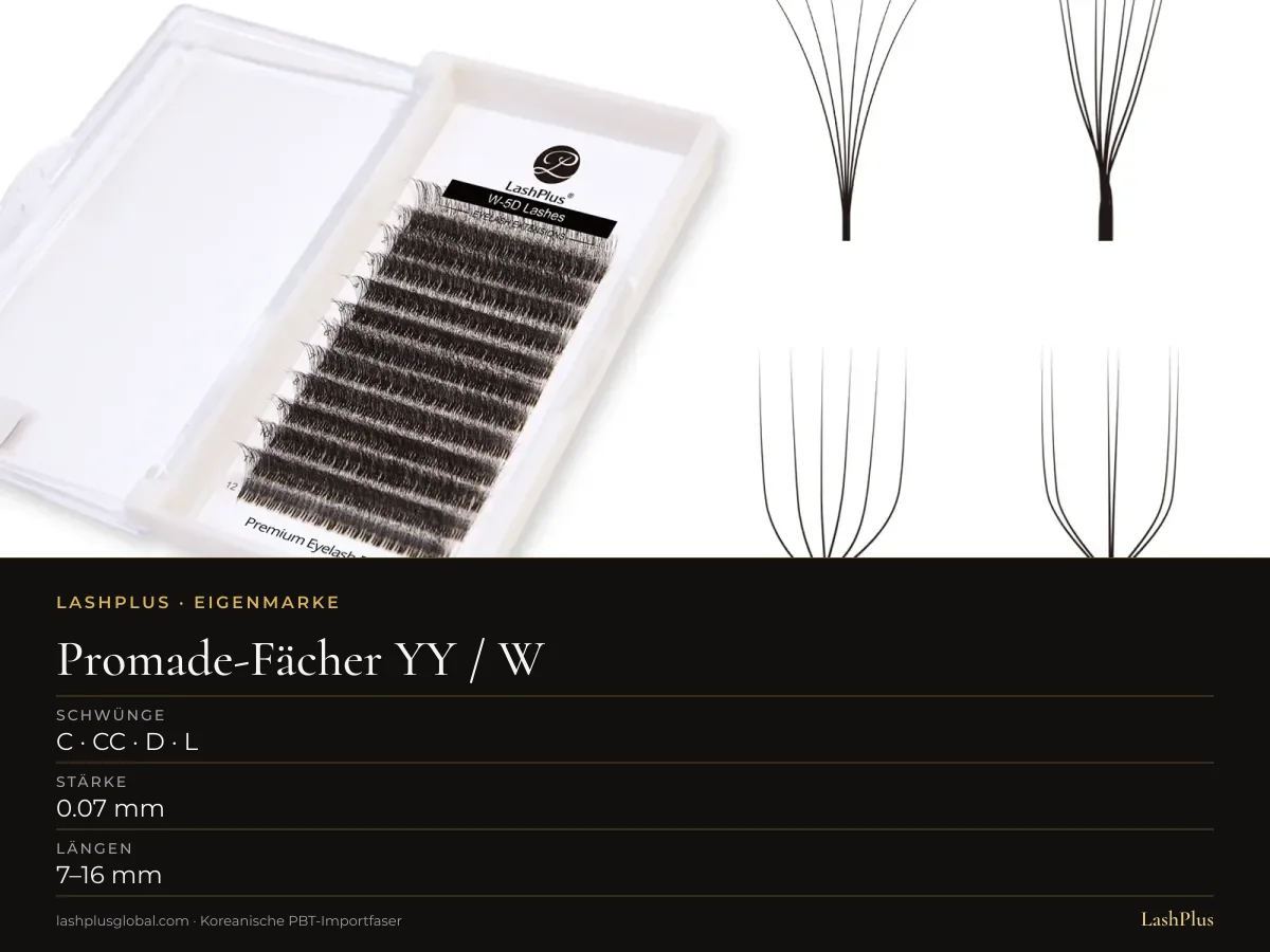 LashPlus Tray mit handgefertigten YY / W Promade-Fächern: C · CC · D · L Curl, 0.07 mm, 7–16 mm